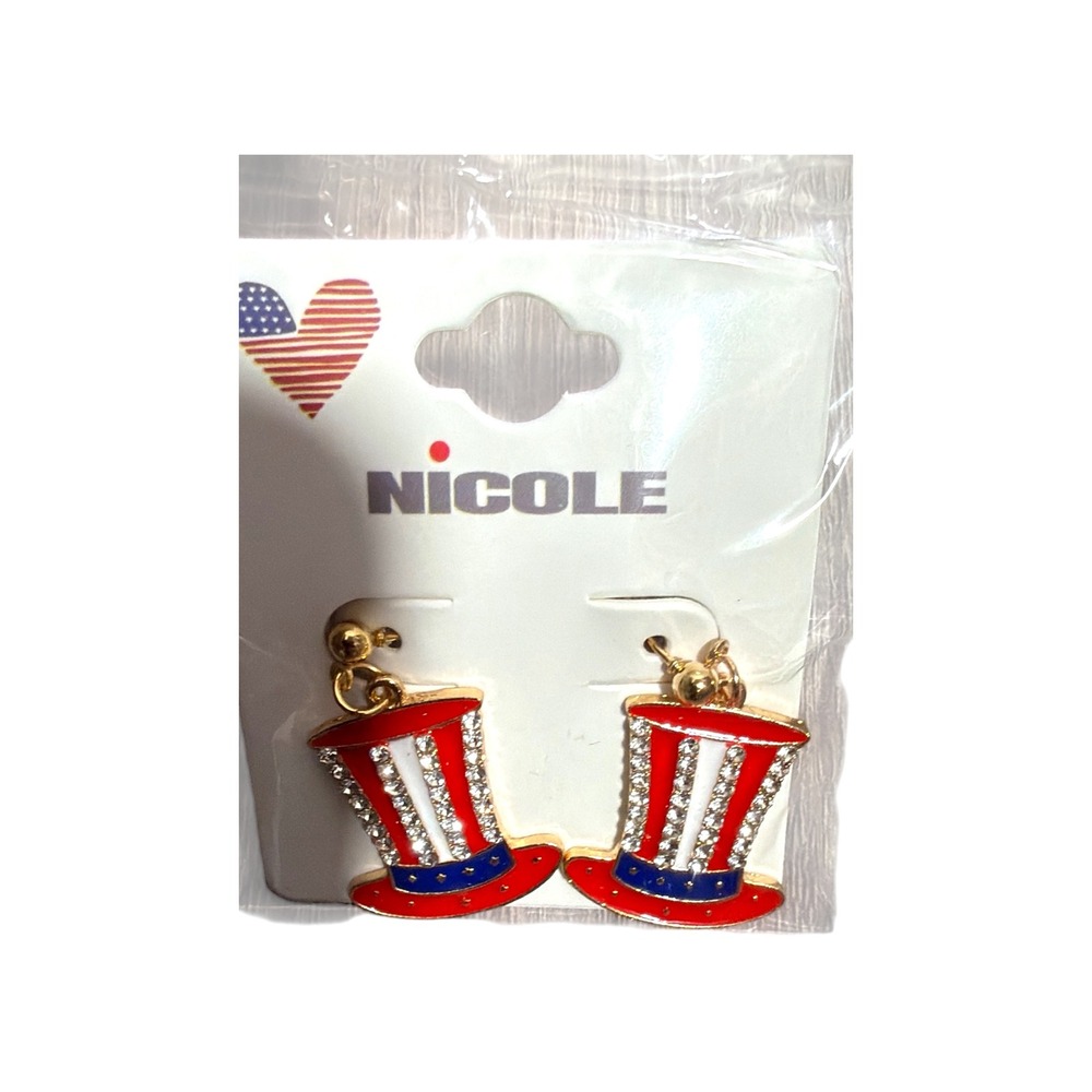 Nicole‎ Patriotic Uncle Sam Hat Dangle Earrings Rhinestone 4th of July